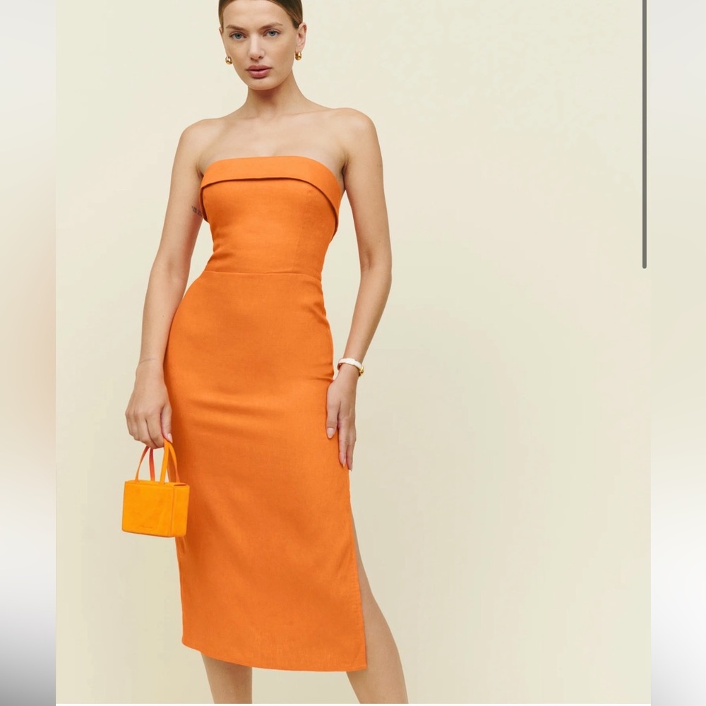 Orange Strapless Midi Dress